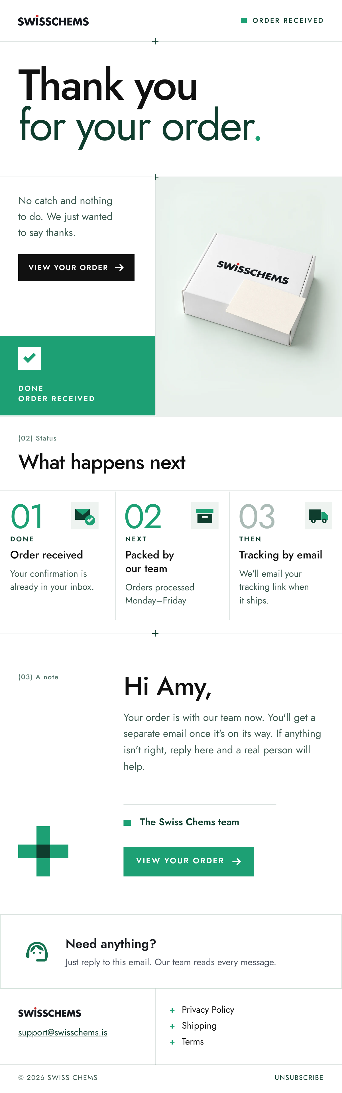 Swiss Chems thank-you email design