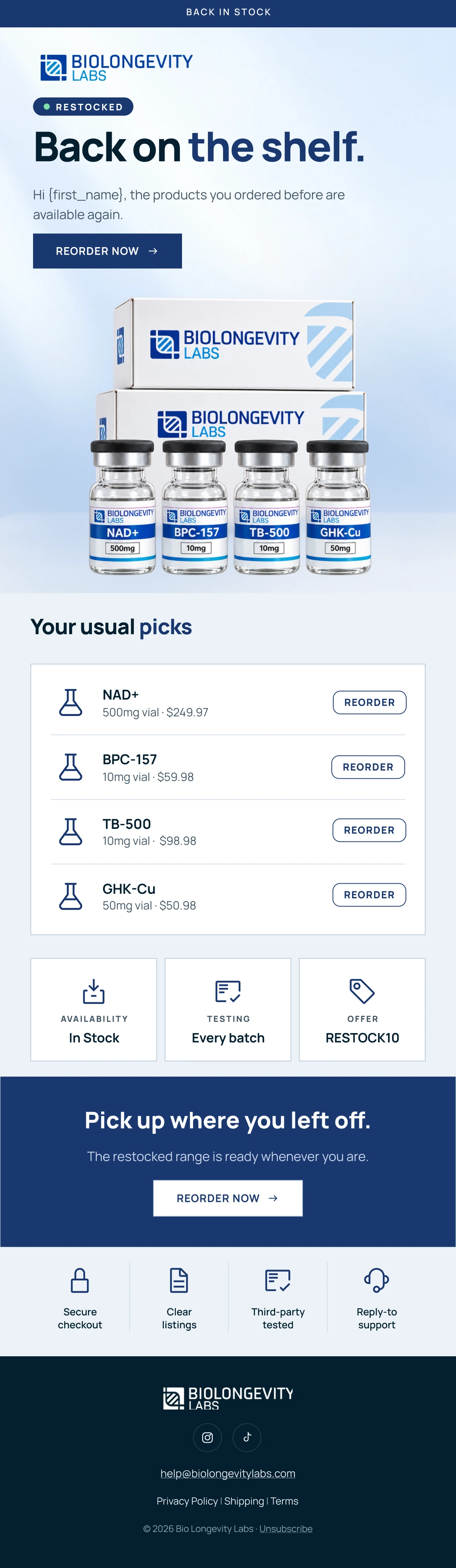 Bio Longevity Labs restock email design