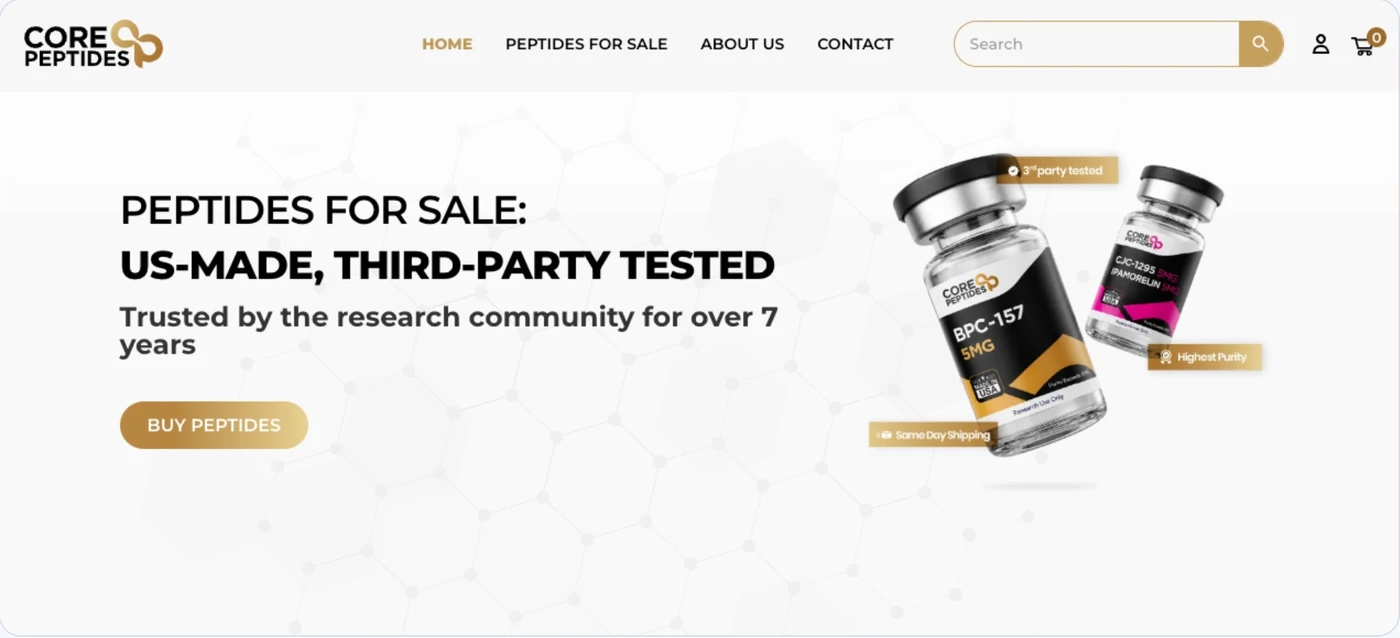 Core Peptides website, featuring its branded homepage and product collection