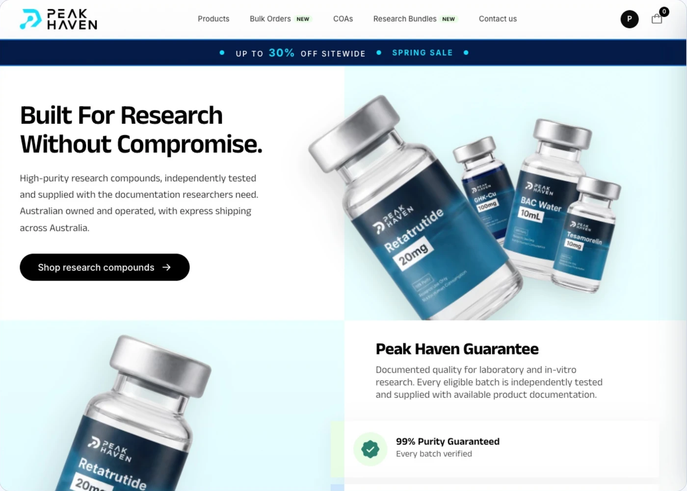Peak Haven website, featuring its branded homepage and product collection